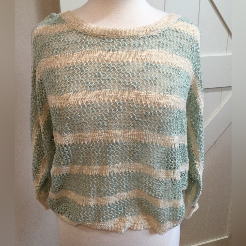 Pink Rose, Small, light green and beige lightweight sweater with 3/4 sleeves